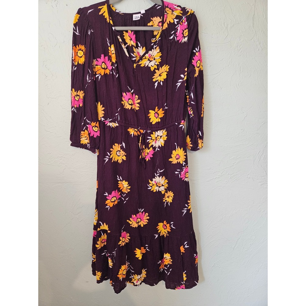 GAP Women Floral Print Midi Dress Bloom Pattern Tie Waist‎ V Neck M